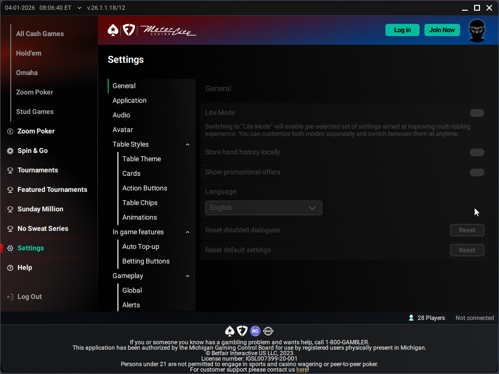 Settings screen on new PokerStars software